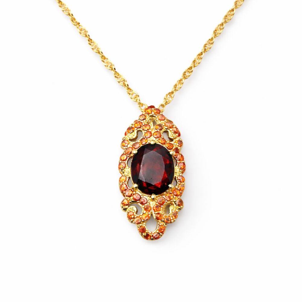 Vintage Style Garnet Necklace Gold Vermeil 925 Sterling Silver Ornate Pendant